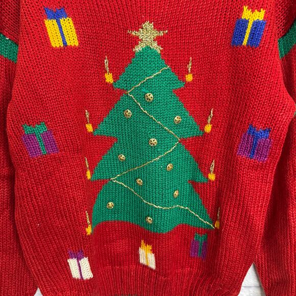 Vintage Design Zone Ugly Christmas Sweater Size L Red Green Tree Embellished - Picture 3 of 6